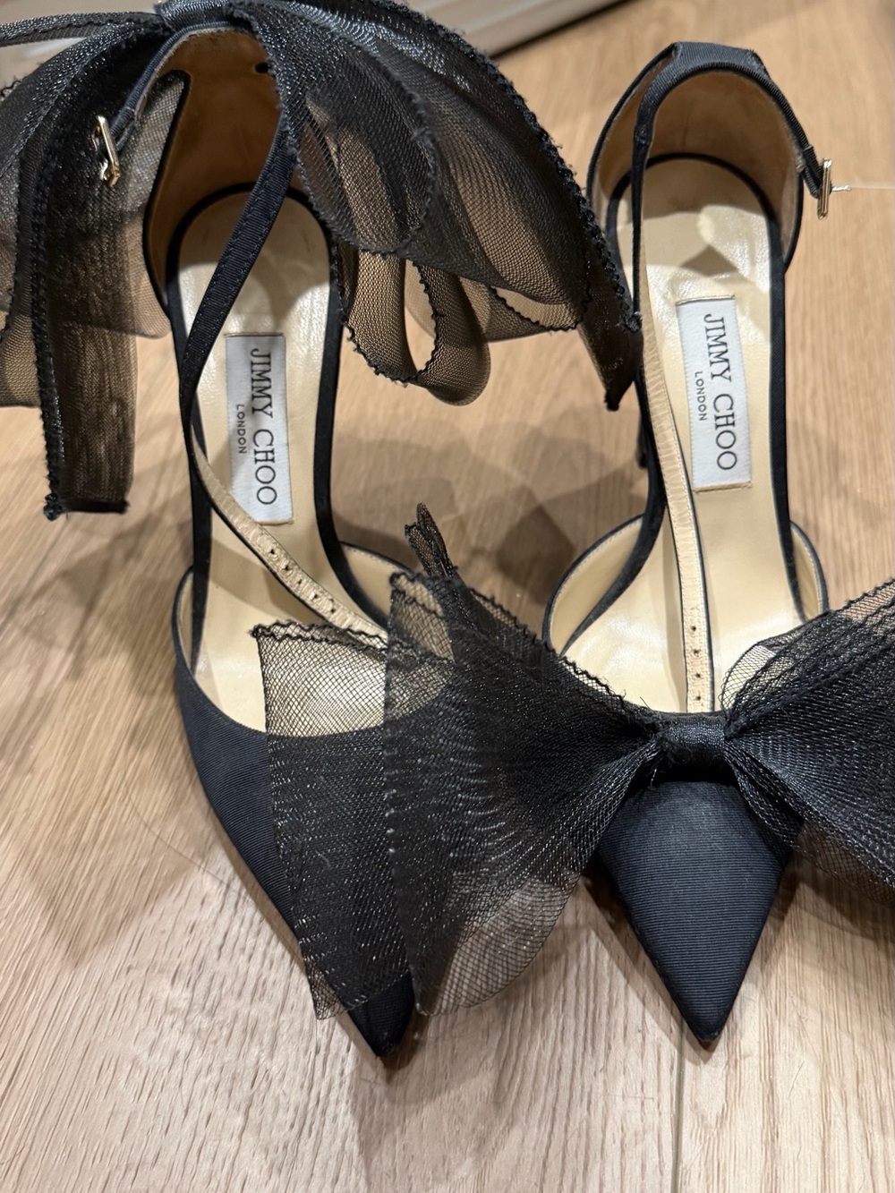 Jimmy Choo Black Tulle Bow Pointed-Toe Ankle-Strap Pumps